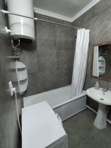 uma casa de banho com um lavatório, um WC e um chuveiro em 2 комнатная Нурсат вдоль Аллеи em Shymkent