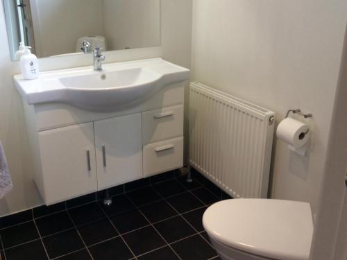 uma casa de banho com um lavatório e um WC em Single Room em Rødby