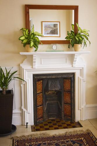 a fireplace with two potted plants on top of it at The Abbey House Hotel in Reading