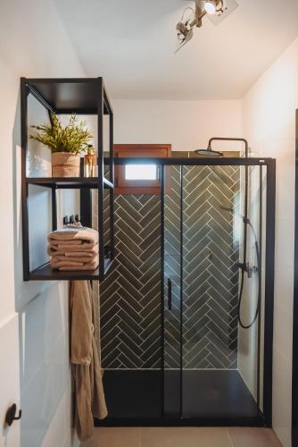 a shower stall with a glass door in a bathroom at Boutique B&B Finca Viva la Vida in Alora