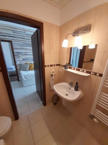 a bathroom with a sink and a mirror at Wellness Apartman in Siófok