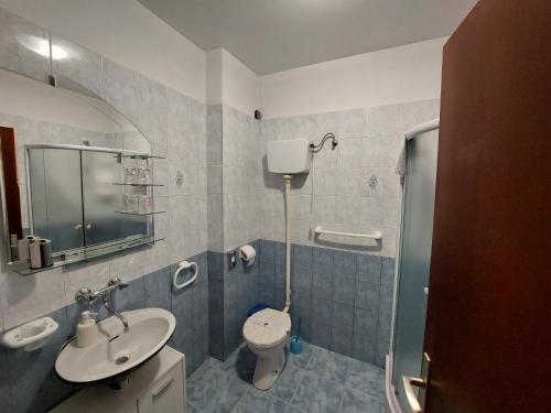 a bathroom with a sink and a toilet and a shower at Apartman Rozmari in Lokve