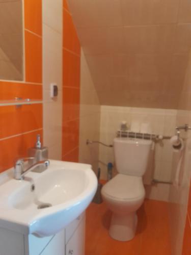 a bathroom with a white sink and a toilet at Adamowo in Uherce Mineralne