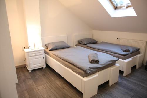two twin beds in a room with a skylight at Sobe Opačak in Slavonski Brod