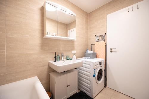 ein Badezimmer mit einem Waschbecken und einer Waschmaschine in der Unterkunft Rooftop cozy apartment near innerstadt with AC in Wien