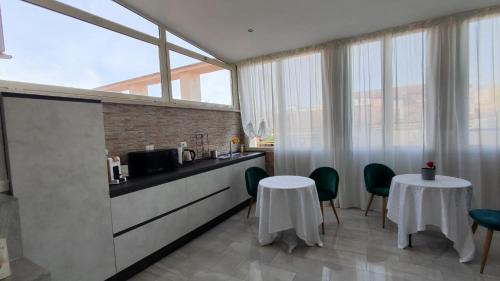een keuken met een aanrecht en 2 tafels en ramen bij Hotel Terrazza Magenta in Rome
