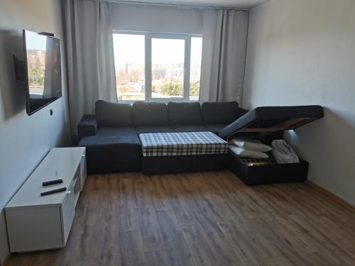 ein Wohnzimmer mit einem Sofa und einem Fenster in der Unterkunft Lion Stay in Tartu