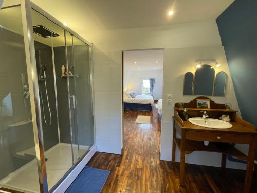 a bathroom with a sink and a shower at Maison de la Tour in Étang-sur-Arroux