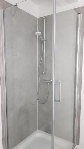 a shower with a glass door in a bathroom at Flensburg Ferienwohnungen Apartment 1 in Flensburg
