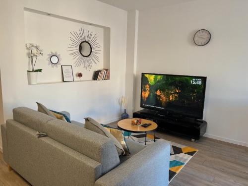 sala de estar con sofá y TV de pantalla plana en Accueillant T2 rénové clim centre ville terrasse en Brive-la-Gaillarde