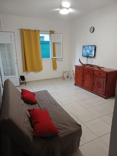 a living room with a couch and a tv at Maison tartanaise in La Trinité