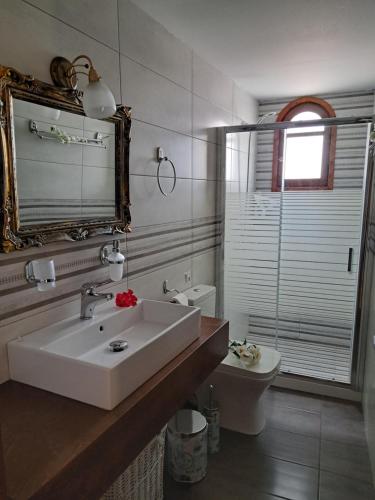een badkamer met een wastafel, een toilet en een spiegel bij Stella Apartments Malia in Malia