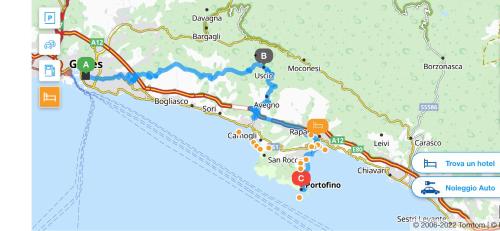 a map showing the route of a hike in the wilderness at Golfo Paradiso Campane di Uscio piccola bomboniera pochi chilometri Camogli Portofino Santamargherita in Uscio