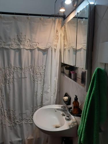 a bathroom with a sink and a shower curtain at Mi Hogar tu Hogar in Salta