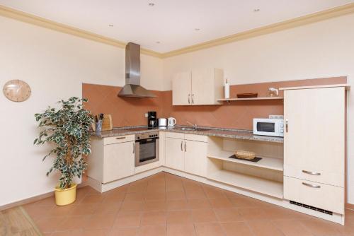 a kitchen with white cabinets and a plant in it at Deichhotel Grube in Dorum Neufeld