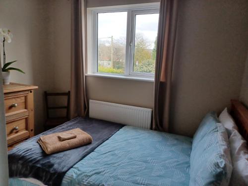 ein kleines Schlafzimmer mit einem Bett und einem Fenster in der Unterkunft 200m AOSB Cottage in Westbury in Westbury
