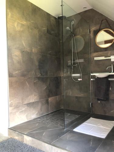 La salle de bains est pourvue d'une douche avec une porte en verre. dans l'établissement LE GITE LACHELLE, à Lachelle