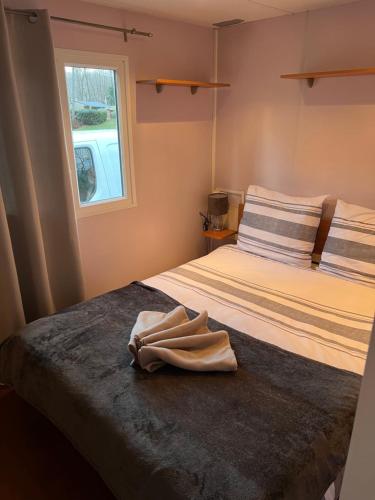 une paire de serviettes assises au-dessus d'un lit dans l'établissement mobil home, à Mirgaudon
