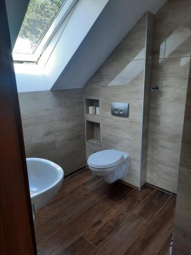 a bathroom with a toilet and a sink at Agroturystyka Patynówka in Kletno