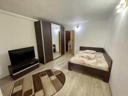 a bedroom with a bed and a flat screen tv at Garsoniera moderna parcare internet in Piteşti