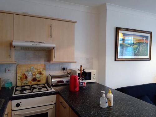 a kitchen with a stove and a counter top at Lovely 1-bedroom flat within minutes from the beach! in Bexhill