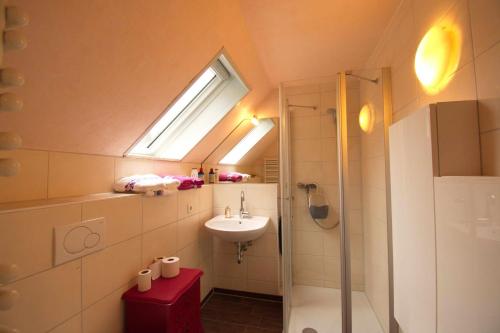a bathroom with a sink and a shower with a window at Haus Maria in Ratzeburg