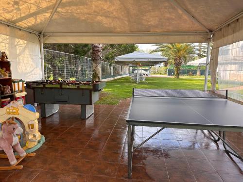 a ping pong table in a tent with a ping pong ball at 7Syn7 in Oreoí