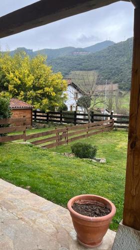 a flower pot sitting on a porch with a fence at Excepcional Apartamento El Olivo in Ojedo