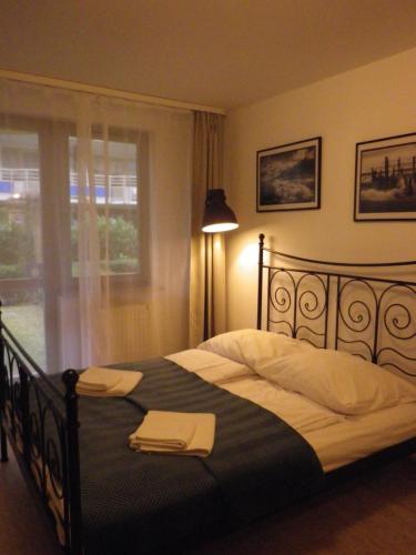 斯維諾烏伊希切的住宿－apartament u Ani，一间卧室配有一张带灯和窗户的床