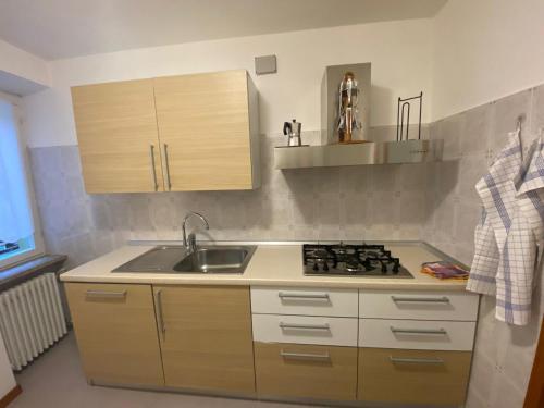 a kitchen with a sink and a stove at Appartamento Alessio in Ledro