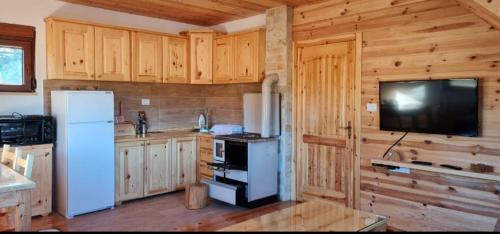 a kitchen with a white refrigerator and a tv at Chalet Čilac in Žabljak