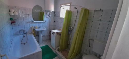 y baño con bañera, ducha y lavamanos. en Kerekes Vendégház en Rimetea
