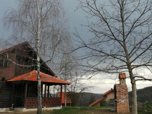ein Haus mit einem orangenen Dach und einem Baum in der Unterkunft Brvnara Nenadić in Užice