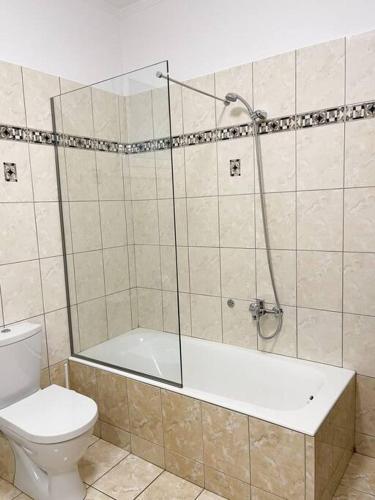 a bathroom with a tub and a toilet and a shower at Afroditi's Apartment Superb View in Gythio