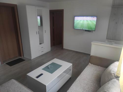 a living room with a tv and a table at Andrea Airport Apartments in Belgrade