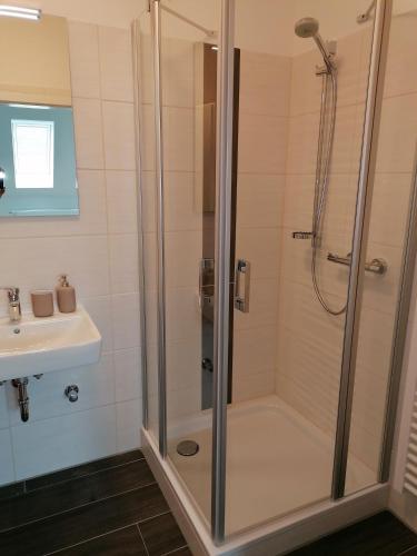 a bathroom with a shower and a sink at Altes Gesellenhaus in Dinklage