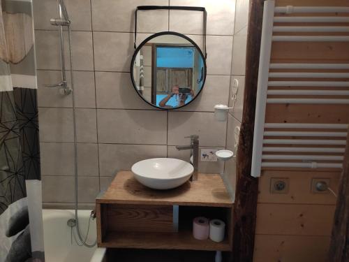 łazienka z umywalką i lustrem w obiekcie Appartement Valfréjus Thabor A pieds de pistes w mieście Modane