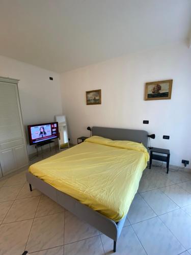- une chambre avec un lit et une télévision à écran plat dans l'établissement Central loft Des Etrangers, à Sanremo