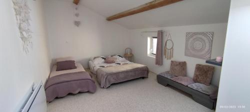 1 dormitorio con 2 camas y 1 silla en Le cocoon de Christelle, en Montredon