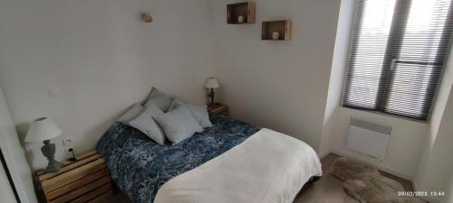 1 dormitorio con 1 cama en una habitación blanca en Le cocoon de Christelle, en Montredon