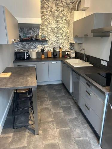 une cuisine avec un évier et un plan de travail dans l'établissement Maison Clermont Ferrand, à Clermont-Ferrand