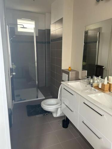 une salle de bain avec toilettes, douche et lavabo dans l'établissement Maison Clermont Ferrand, à Clermont-Ferrand