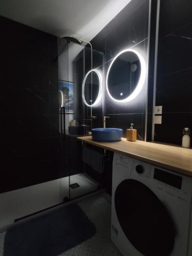 a bathroom with a washing machine and a mirror at L'embarcadère Evian - Leman Odyssey in Évian-les-Bains