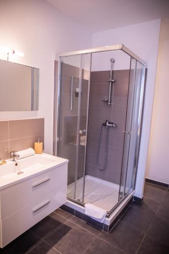 a bathroom with a shower with a sink and a toilet at Auberge Sainte Marguerite in La Garde