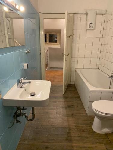 a bathroom with a sink and a toilet and a tub at Burgfreiheit in Heidelberg