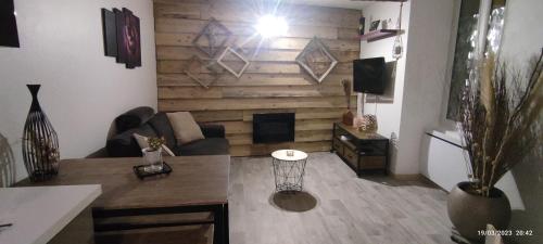 sala de estar con pared de madera y chimenea en Le cocoon de Christelle, en Montredon