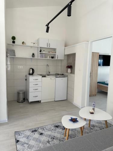 a white kitchen with two tables and a sink at Villa Senka in Neum