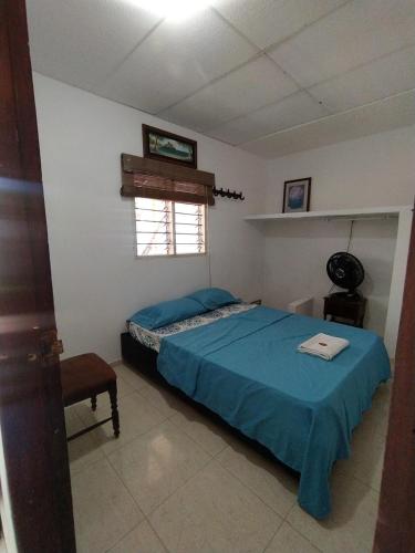 een slaapkamer met een blauw bed en een raam bij Casa Bondigua in Santa Marta
