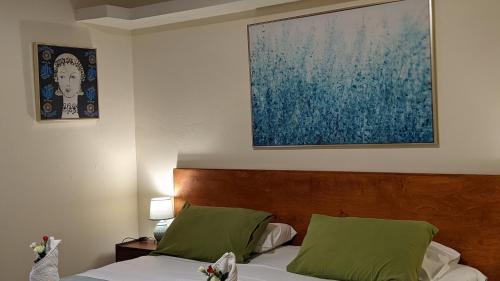 a bedroom with a bed with two green pillows at Pension Irene in Sougia