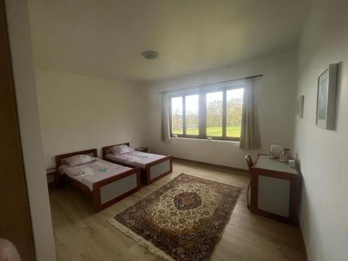 une chambre avec deux lits et une fenêtre dans l'établissement Domaine de Puygiraud sur L'Anglin, à Saint-Pierre-de-Maillé